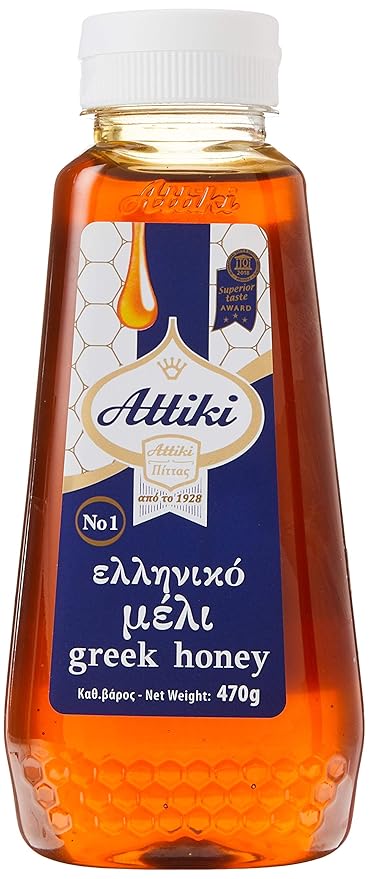 Attiki Pure Greek Honey with Thyme, Wild Flowers and Herbs, Perfect for Baking, Cooking, Lemonade and Tea, 16.58 oz (470 grams), Bottle