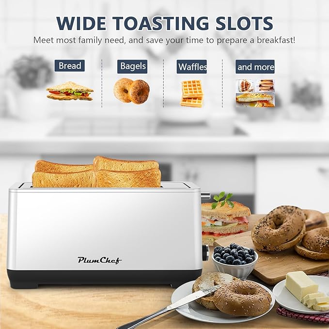 4-Slice Toaster, Extra Wide Long Slot Toaster with Warming Rack, 6 Browning Settings, Bagel/Defrost/Reheat Functions, Removable Crumb Tray, Stainless Steel Housing,Silver