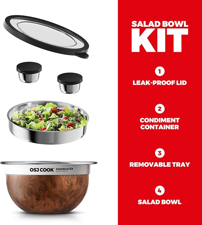 18/8 Stainless Steel Salad Bowl Kit - 74oz, Mixing Bowls with Lids Set, Teakwood - Comes with 1.7oz Condiment Container and Removable Tray for Organization - Leak-Proof, Dishwasher Safe (Wood)