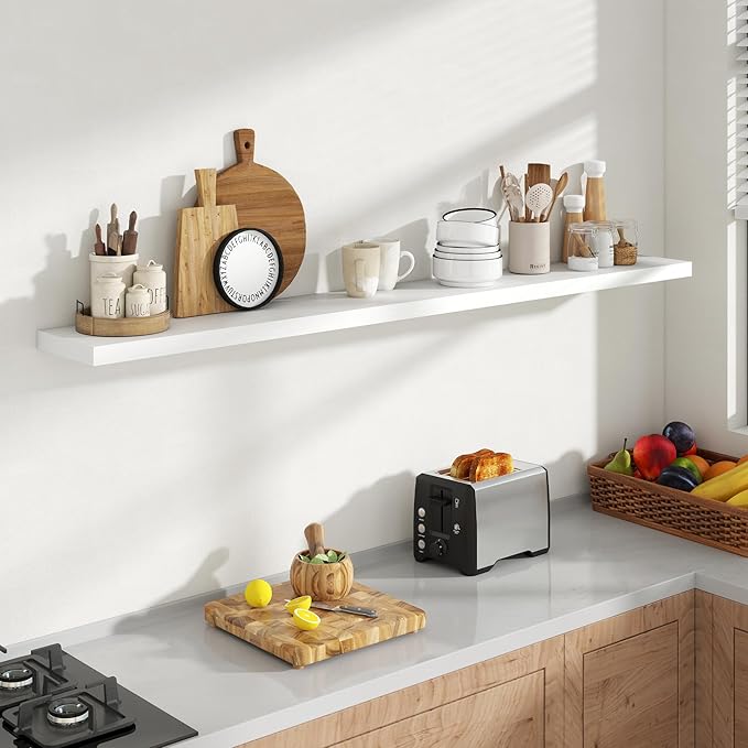 72 Inch Floating Shelves, 8 Inch Deep Floating Shelves for Wall, Hanging Shelf with Invisible Brackets, Deep Shelves for Bathroom, Bedroom, Living Room, White, Set of 1