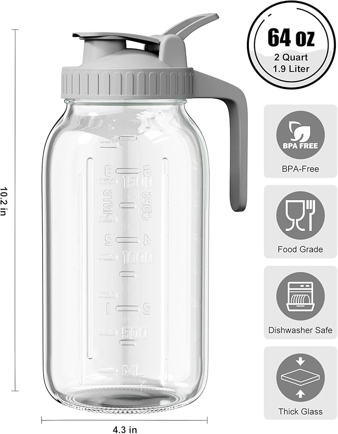 OneDream Glass Pitcher with Lid, 64 oz Large Mason Jar Wide Mouth, Sun Tea Glass Jar for Outside, Iced Tea Pitcher for Cold Beverages, Breast Milk, and Home Entertaining