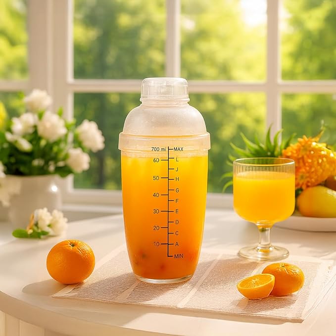 12 Pcs Plastic Cocktail Shakers, 700 ml/23.7 oz Drink Mixers with Scales & Strainers, Bar Mixing Tools, Mix Drinks for Bars, Restaurants, Tea Shops, and Home Use (700 cc/ 24 oz)