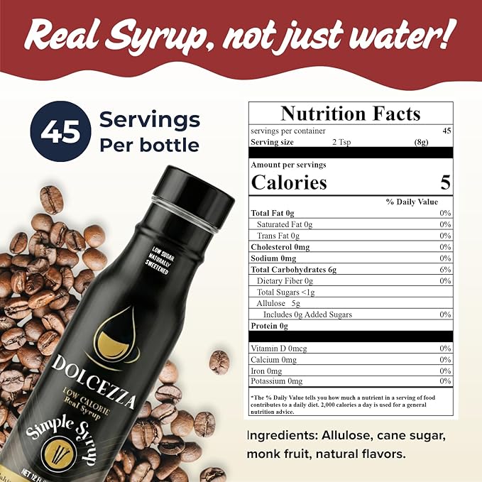 Dolcezza Allulose Simple Syrup, All Natural Low Sugar Sweetener for Coffee, Baking, and Drinks. Keto Friendly Monkfruit Blend. No Stevia or Artificial Sweeteners. No Aftertaste. 12 fl oz