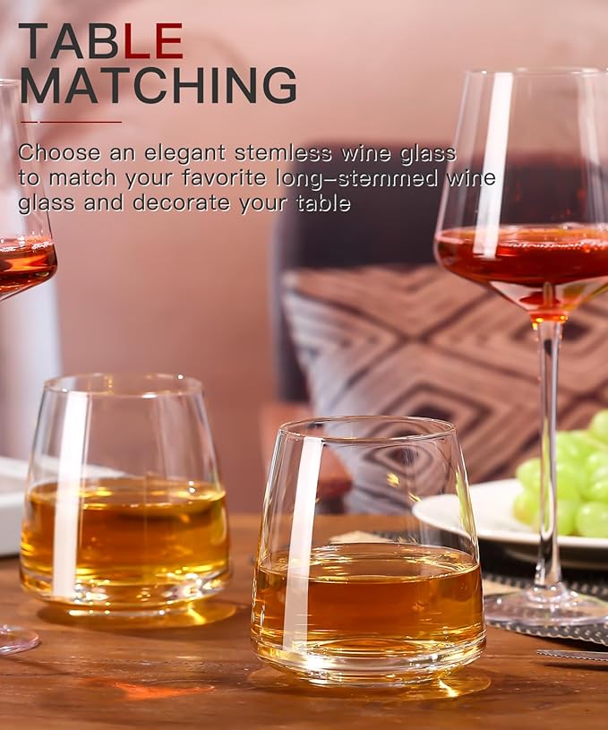 Stemless Wine Glasses Set of 4-15 oz Clear-Modern Hand-Blown Wine Glasses, European Design Crystal Glass For Red & White Wine, Unique Gifts for Wedding, Birthday,Christmas