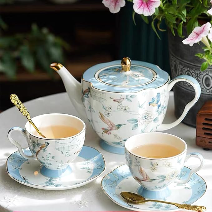 Bone China Tea Cup and Saucer Set, Bone China Coffee Cups and Saucers, Vintage Blue and White TeaCups snd Saucers Gift for Mom Friend Tea Party (light blue)