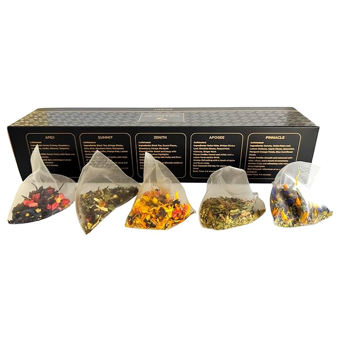 Pure And Easy Tea, Ascent Premium Tea Sampler, 15-Count Variety with 5 Caffeinated Blends, Whole-Leaf Tea in BPA-Free Plant-Based Pyramid Bags, Gift Box (52.5g)