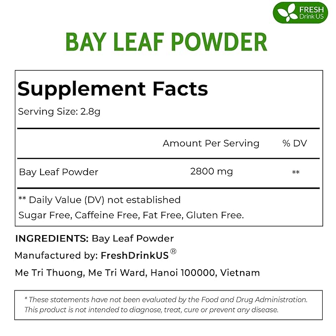 FreshDrinkUS, Premium 4.5oz Bay Leaf Powder, Unprocessed Ground Bay Leaves Dried, 100% Pure & Natural, Pure from Bay Leaves, Bay Leaf Spice, No Additives, No Gluten, Vegan.