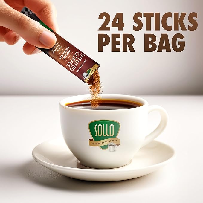 Sollo Super 6 Mushroom Blend Instant Coffee Sticks – 24 Servings | 6 Functional Mushrooms + Vitamins | Medium-Dark Roast 100% Arabica | Freeze-Dried | Single-Serve Sticks