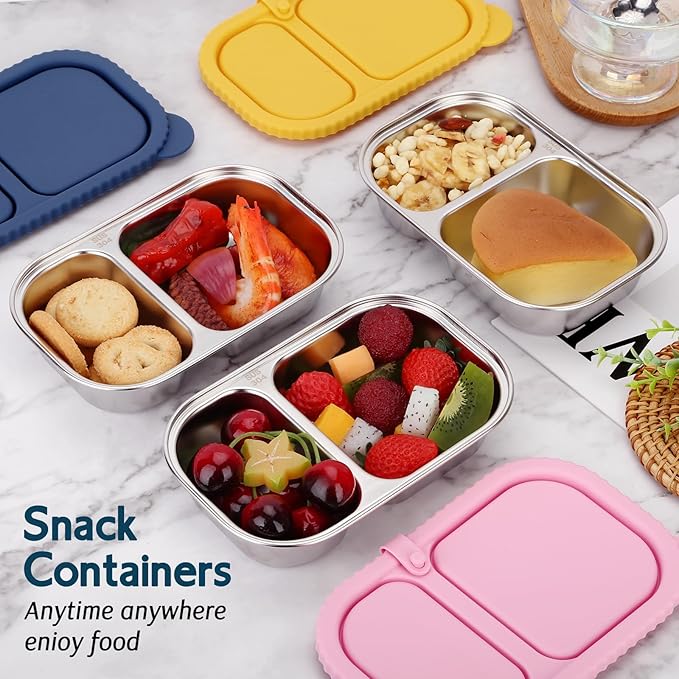 3 Pack Stainless Steel Snack Containers with Silicone Lids, Reusable 2 Compartment Food Storage Containers, Stainless Steel Box for School, Office, Travel