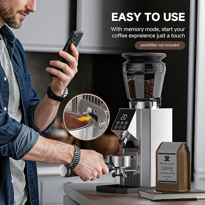 Burr Coffee Bean Grinder for Home Use with 45 Precise Grinding Settings, Espresso Grinder with Height Adjustable Funnel Stand, LED Touch Panel, Anti-static Design, Memory Mode User Friendly