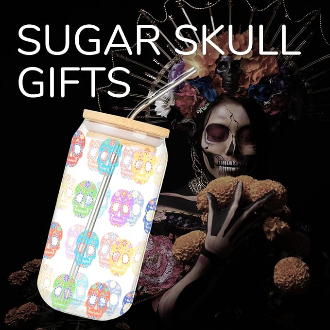 Onebttl Sugar Skull Gifts, Day of the Dead Gifts, Iced Color Changing 16oz Soda Can Glass with Bamboo Lid and Glass Straw, 16oz Skull Printed Beer Can Glasses