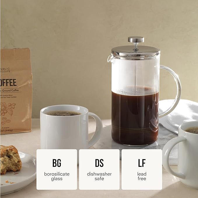Public Goods 34 oz. French Press Coffee Maker | 1 Liter High-Heat Borosilicate Glass French Press | Stainless Steel Lid | Heat-Resistant, Durable, Dishwasher Safe
