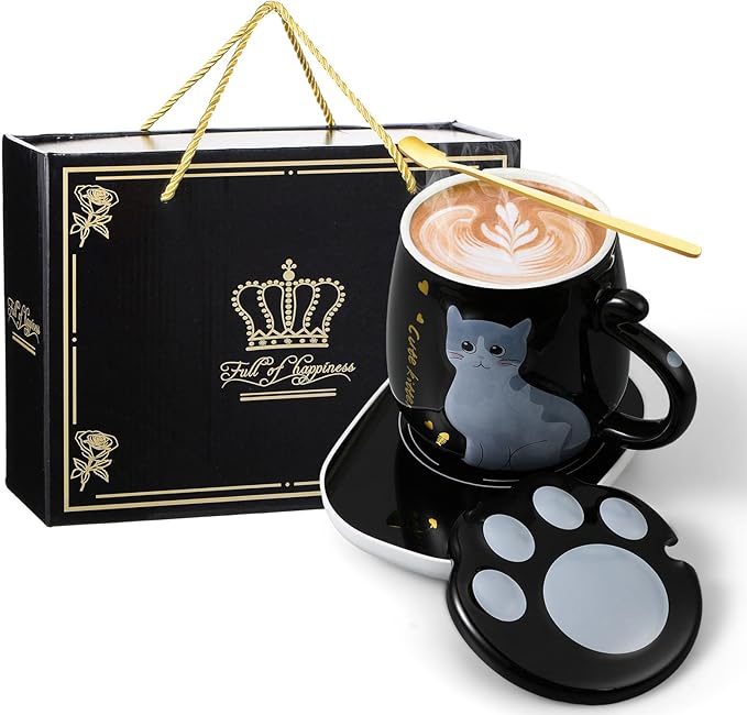 Honeydak Coffee Mug Warmer Cute Cat Mug Set Cup Warmer for Desk for Women Heated Coffee Warmer for Mom Home Office Christmas Birthday Gifts(Black)
