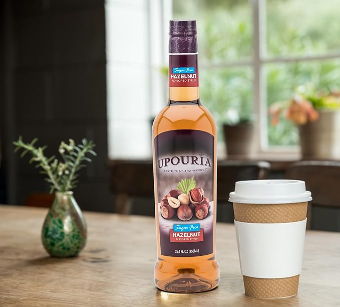 Upouria Sugar Free Hazelnut Coffee Syrup Flavoring, 100% Vegan, Gluten-Free, Kosher, 750 mL Bottle (Pack of 2) with 1 Coffee Syrup Pump