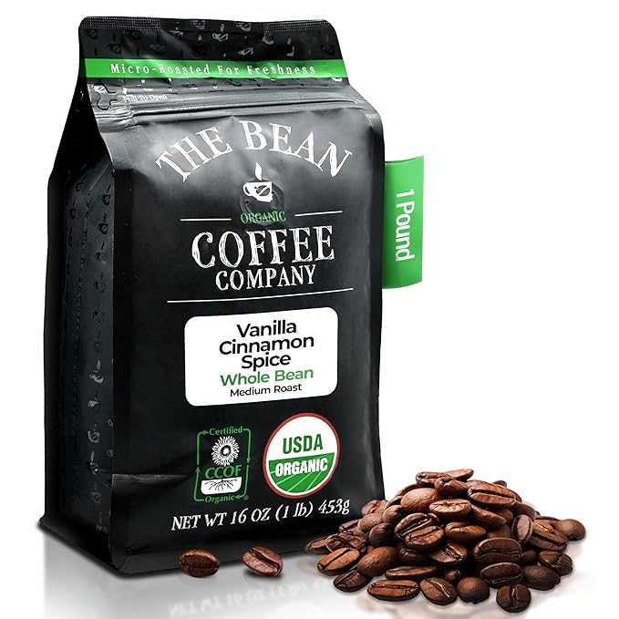 The Bean Organic Coffee Company Holiday Bean (Vanilla Cinnamon Spice), Medium Roast, Whole Bean Coffee, 16-Ounce Bag