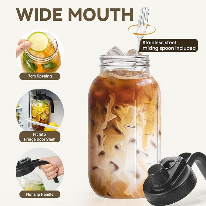 2 Pack Mason Jar Pitcher - Airtight & Leakproof Glass Pitcher with Lid, Perfect for Juice, Cold Brew, and Sun Tea - 2 Quart (64 oz) Mason Jar with Pour Spout Lid + Mixing Spoon, Brush, Labels