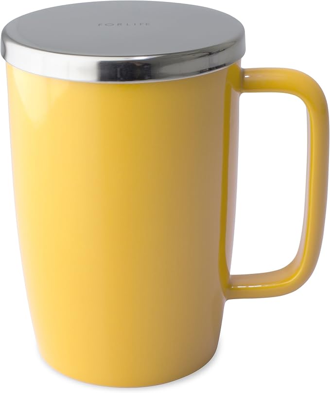 FORLIFE Dew Glossy Finish Brew-In-Mug with Basket Infuser & "Mirror" Stainless Lid 18 oz., Mandarin
