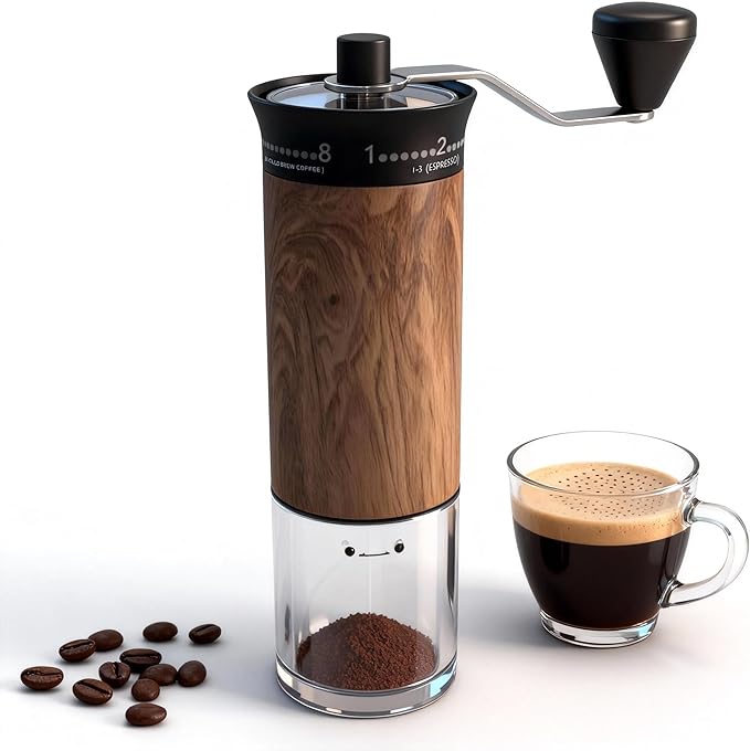 LAMIDO Mini Manual Coffee Grinder, 56 External Adjustable Settings, 30g Capacity, Portable Ceramic Conical Burr Mill with Crank, Single Dose Hand Grinder for Camping, Travel - Wood Grain