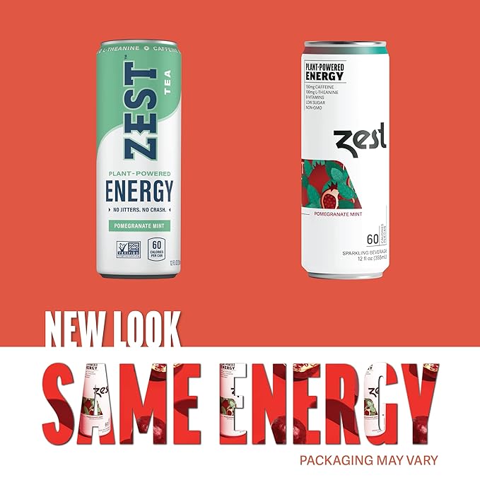 Zest Clean Energy Drink – Pomegranate Mint – 150mg Caffeine + 100mg L-Theanine – Natural Focus & Concentration Boost – Healthy Energy Drink 12oz Can 12 Pack – Low Sugar, No Artificial Sweeteners