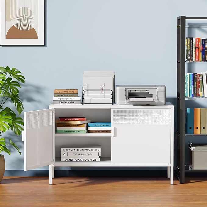 White Metal Locker Storage Cabinet with Adjustable Shelf, Low Metal Storage Cabinet for Home Office, 2 Door Small Decorative Metal Locker Tv Stand Cabinet