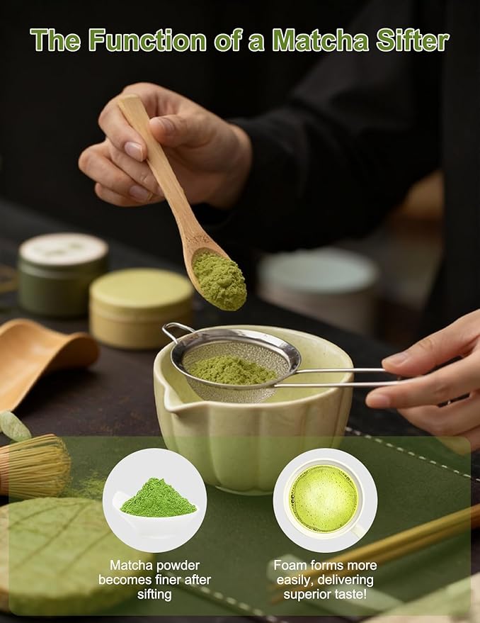 Matcha Whisk Set, 8 Piece Japanese Matcha Making Kit with Ceremony Set with Sifter, Bowl, Holder, Whisk, Scoop for Traditional Tea Ceremony, Ideal Gift for Home & Kitchen