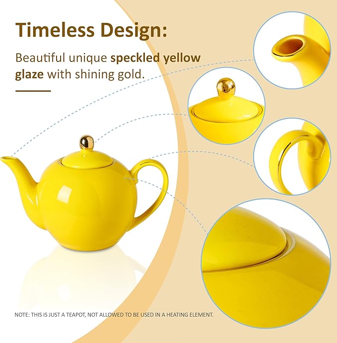 30oz Yellow Porcelain Teapot with a Speckled Glaze, Sunny Ceramic Teapot with Gold Trim for Loose Leaf and Blooming Tea, Tea Party Essential