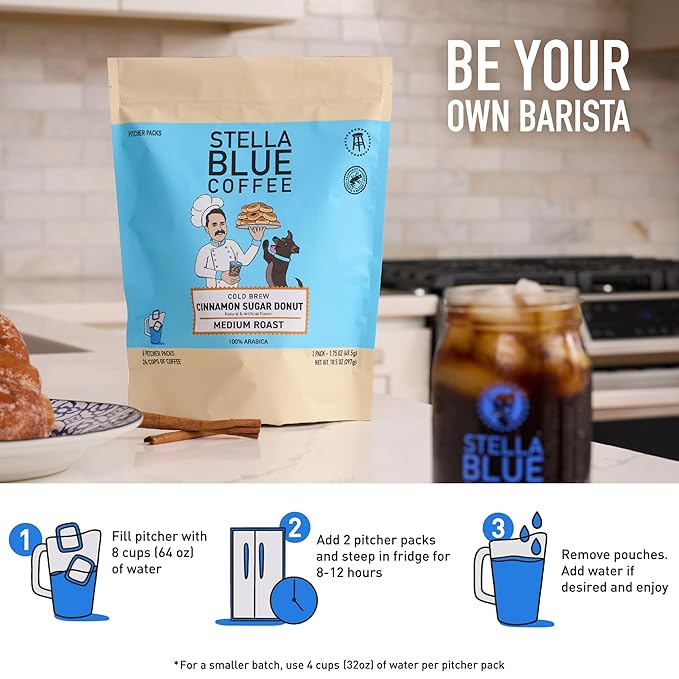 Stella Blue Cold Brew Coffee Bags, Cinnamon Sugar Donut, Medium Roast Ground Coffee, Smooth, Bold and Refreshing 100% Arabica, 6 Brew Packets, Makes 24 Cups, Rainforest Alliance Certified