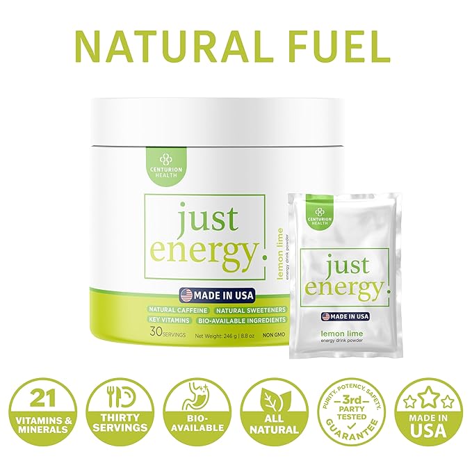 Just Energy Drink Powder, Refreshing Lemon Lime Energy Drink Mix with 21 Energy-Boosting Ingredients, Includes B Vitamins, Choline, Zinc, Chromium and Inositol, 30 Servings