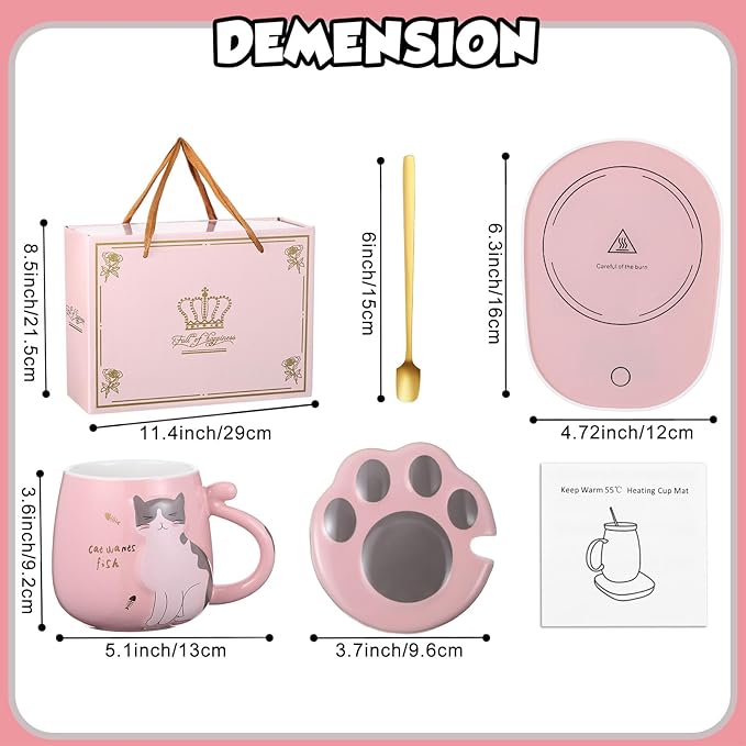 Honeydak Coffee Mug Warmer Cute Cat Mug Set Cup Warmer for Desk for Women Heated Coffee Warmer for Mom Home Office Christmas Birthday Gifts(Pink)