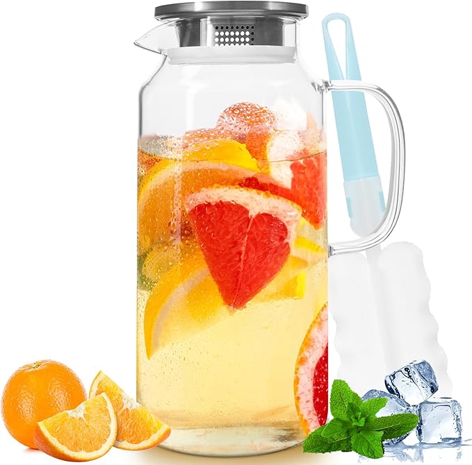 Yirilan Glass Pitcher, 2.3 Liter Beverage Pitcher with Lid for Hot & Cold Water, Iced Tea & Juice Drink - Includes Cup Brush