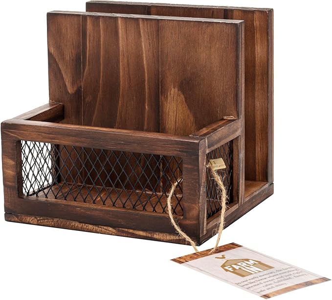 FARM IN Napkin Holder, Farmhouse Multifunctional Napkin Holder with Salt and Pepper Shakers Holder for Home Kitchen Table Centerpiece and Commercial, Rustic Solid Burnt Wood & Diamond Metal Wire Mesh