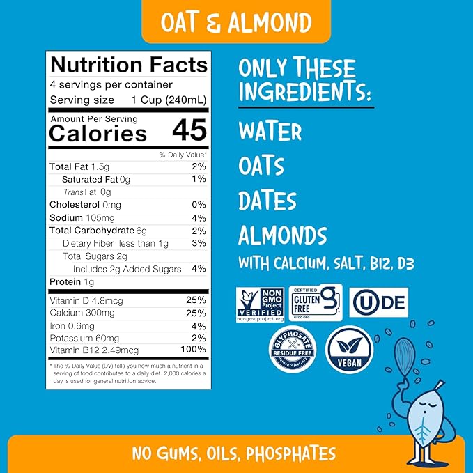 PLANTSTRONG Plant-Based Milks – Non-GMO, Plant-Based, Vegan, Gluten-Free, Dairy-Free, Lactose-Free, Shelf-Stable, No Gums or Oils (Pack of 6 (32 Fl. Oz.), Oat & Almond)