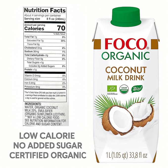 FOCO UHT USDA-Organic NON-GMO Coconut Milk Drink/Beverage 33.8 fl Oz, Pack of 6