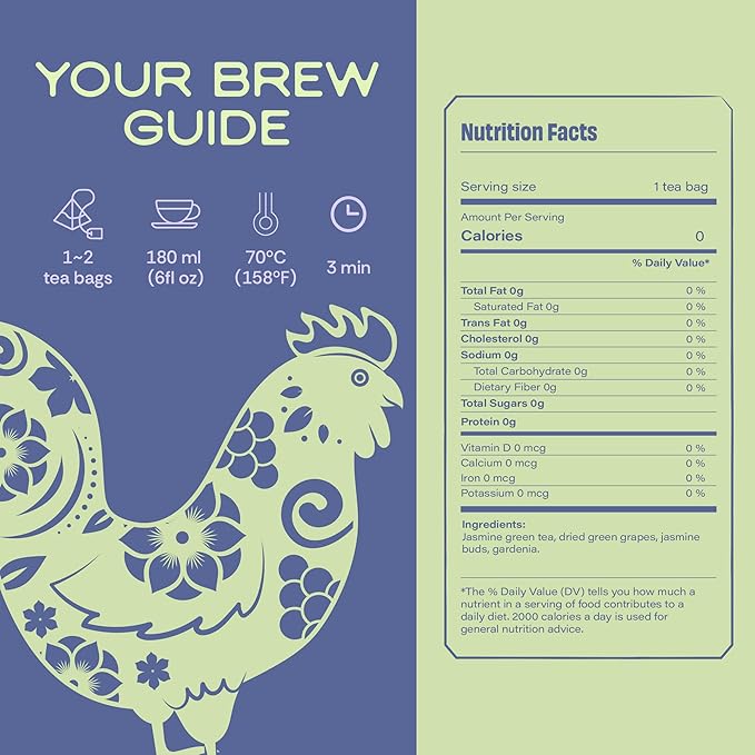 Tea Facto Green Goddess* Jasmine Green Tea with Dried Grapes and Gardenia - Clean Caffeine, Natural Fiber, Zero Added Sugar - 10 Count