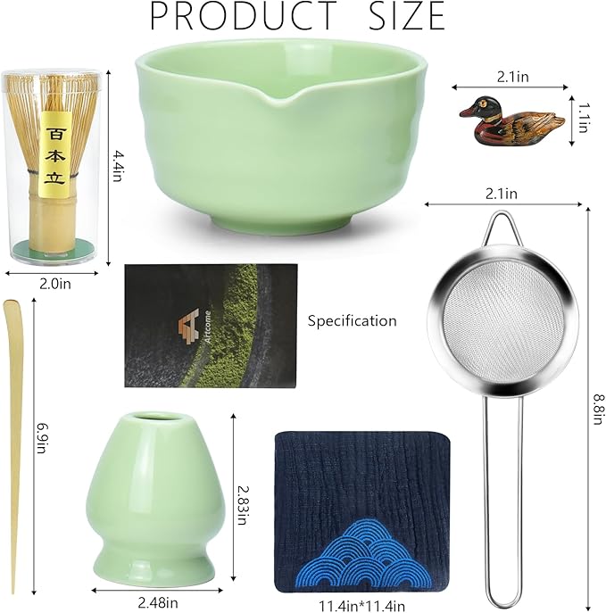Artcome 7-Piece Matcha Tea Set - Complete Japanese Ceremony Kit with Bowl, Whisk, Scoop, Strainer & Guide, Green