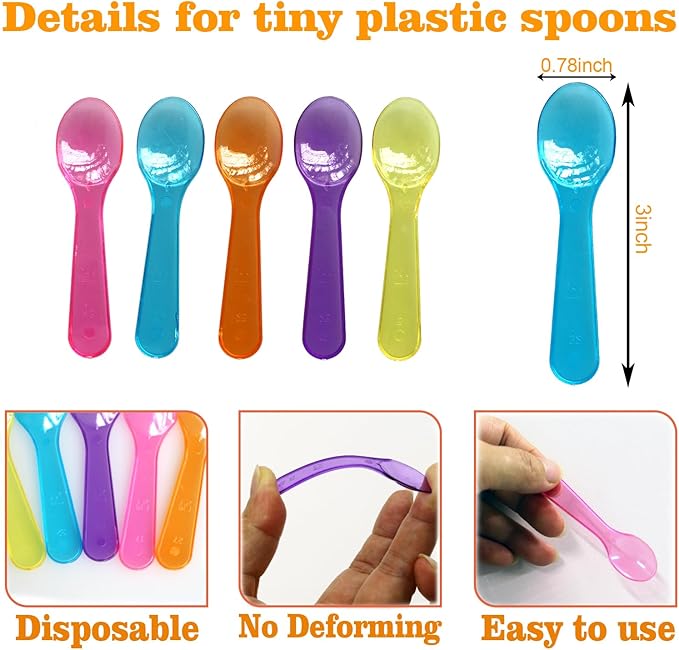 200 PCS Mini Dessert Spoons - 3 Inch Tiny Plastic Baby Spoons, Small Disposable Spoon for Baby Food, Ice Cream, Yogurt, Sampling - Multicolor Little Spoon Bulk Pack