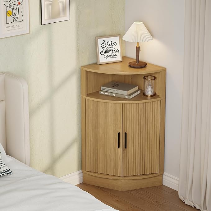 Corner Bathroom Cabinet, Modern Small Corner Cabinet with Fluted Door and Open Shelf, Space Saver for Bathroom, Living Room, Kitchen, Natural