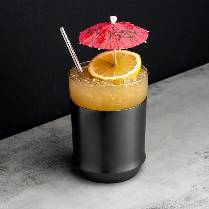 Elevated Craft Hybrid Cocktail Glass Premium Vacuum Insulated Steel Base with Removable Insert - 12oz Rocks Glass, Double Old Fashioned Lowball for Bourbon, Whiskey - Gunmetal Black