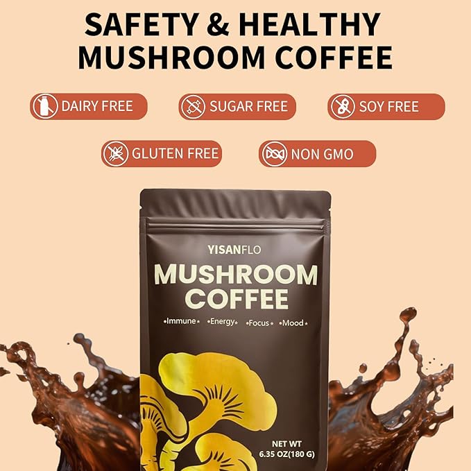 YISANFLO Mushroom Coffee, 6 Superfood Mushrooms and MCT Oil, Organic Mushroom Coffee Instant for Energy, Focus, Immune Support with Lion's Mane, Shiitake, Reishi and Turkey Tail, 30 servings