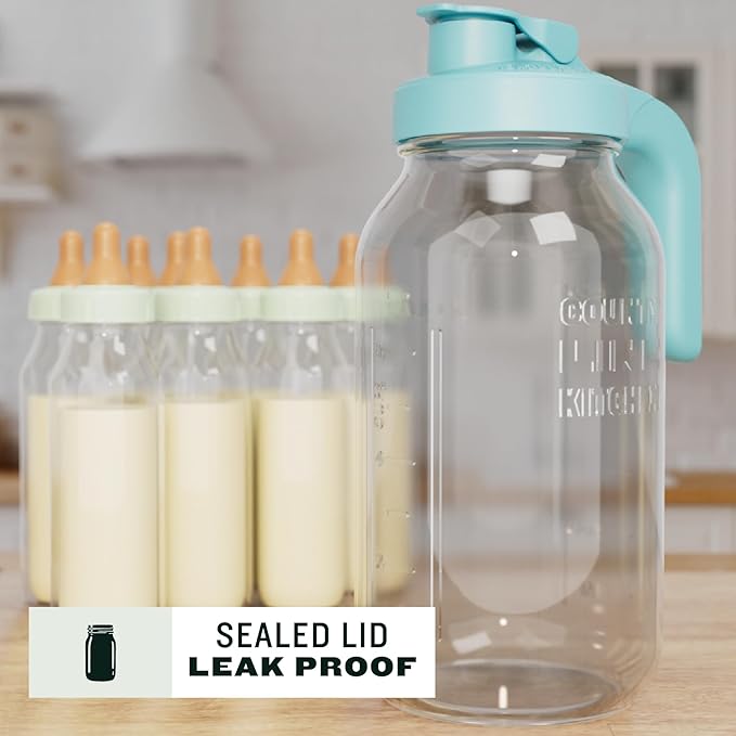 County Line Kitchen Glass Breast Milk Pitcher with Lid - Wide Mouth, 2 Quart (64 oz) - Heavy Duty, Leak Proof - Sun & Iced Tea Pitcher, Cold Brew Coffee, Breast Milk Storage, Water - Light Blue