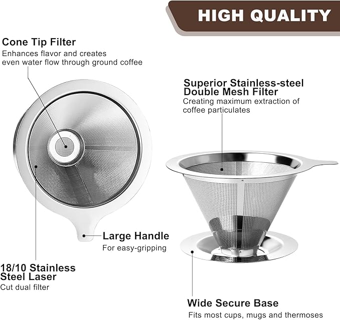 Upgraded Pour Over Coffee Filter, Coffee Dripper, Paperless Mess Stainless Steel Coffee Filter, Maker One to Two Cup, Keeping Nature Coffee Flavour, Easy to Use and Clean (Large)