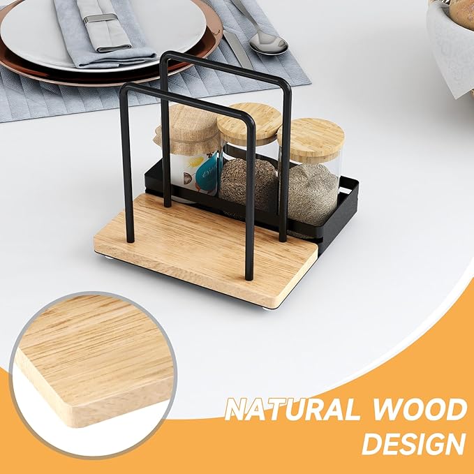 Napkin Holder, Wood Metal Napkin Holder for Table with Salt and Pepper Shakers Caddy, Standing Paper Napkin Dispenser for Kitchen Dining Countertop Decor, Wood & Metal Base, Black