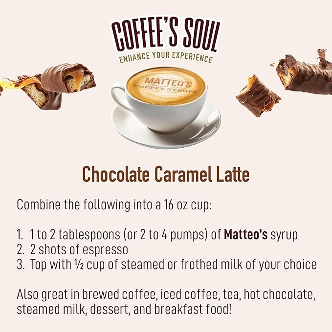 Matteo's Salted Chocolate Caramel Syrup for Coffee, Lattes, Cappuccinos & Desserts – Sugar-Free Sweetener for Beverages, Keto Friendly, Zero Calories, Indulgent Flavor, Non-Alcoholic, 33.8oz (1pk)