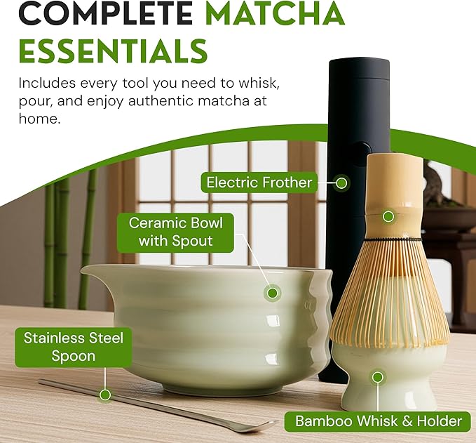 Complete Matcha Kit, 6-Piece Matcha Set with Matcha Bowl with Spout, Bamboo Whisk & Holder, Stainless Steel Spoon, Electric Frother, Matcha Whisk Set Starter Kit for Beginners & Tea Lovers