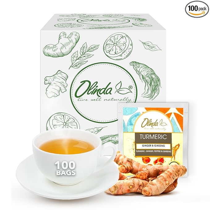 Olinda Turmeric Ginger & Ginseng Organic Herbal Tea 100 Tea Bags Caffeine-Free Brew Hot or Iced Tea Gift for Women & Tea Lovers