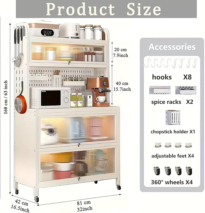 Bakers Rack with Wheels, 5-Tier Coffee Bar with Wheels, Microwave Stand with Storage, Kitchen Shelves for Kitchen Pantry, Storage Room, White