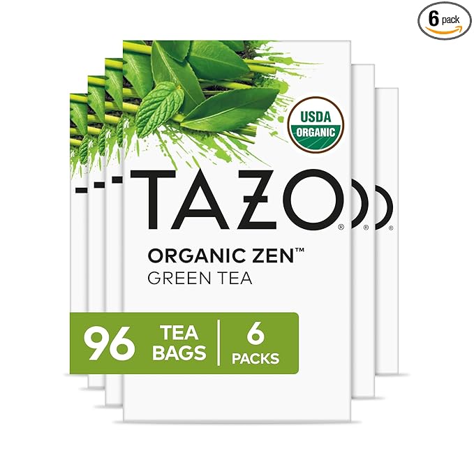 TAZO Organic Zen Green Tea Bags, Caffeine Free Tea with Refreshing Lemongrass & Spearmint, 96 Total Tea Bags (16ct - Pack of 6)
