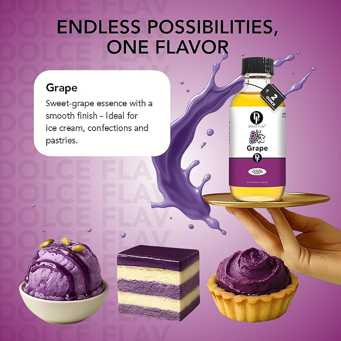 Dolce Flav Grape Extract 8 oz – Kosher, Sugar-Free, Concentrated Fruit Flavor for Candy, Chocolates & Desserts, Includes Measured Dropper