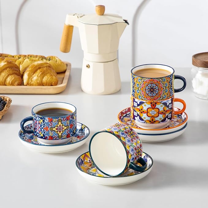 vancasso 8 Oz Stackable Espresso Cups with Saucers and Metal Stand Set of 4,Bohemian Ceramic Cappuccino Cups - Microwave and Dishwasher Safe, Perfect For Tea, Espresso, Latte, Cafe-03