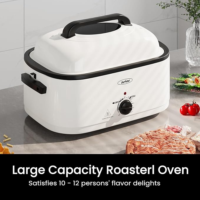 Sunvivi 22 Quart Electric Roaster with Visible & Self-Basting Lid, 30 lb Electric Turkey Roaster Oven with Removable Pan, Large Roaster with Removable Rack and Cool-Touch Handles, White